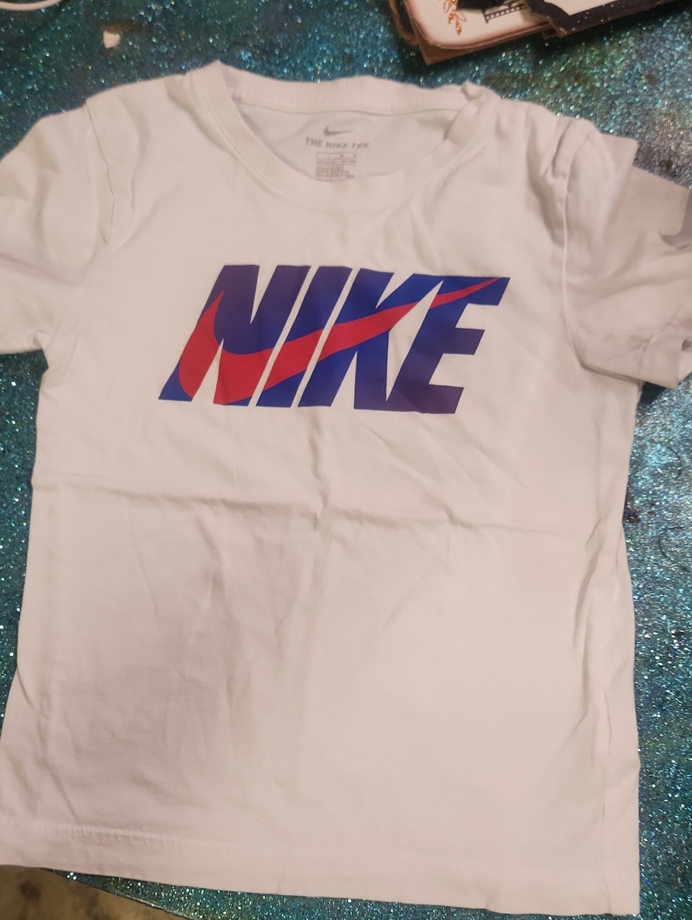 Nike White Short Sleeve Tee with Blue & Red Logo